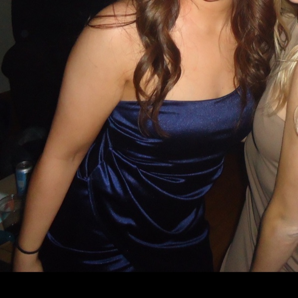 Blue Satin Gown - one shoulder + leg slit